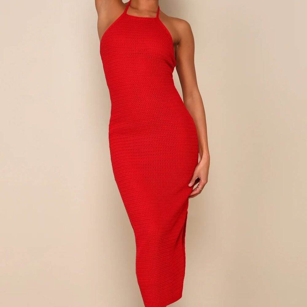 Red Crochet Halter Bodycon Midi Dress